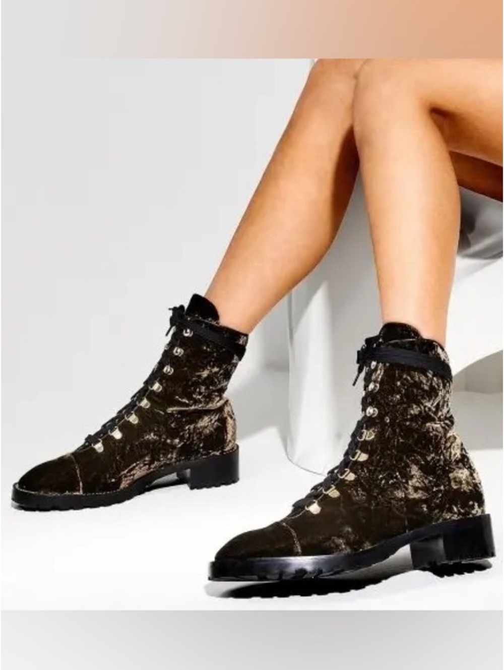 Stuart Weitzman Kolbie Chain Lace-Up Booties in Crushed Velvet, Size 6, NEW $750